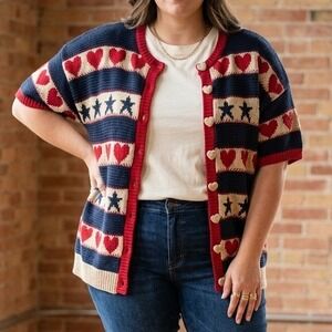 2X Vtg Marisa Christina America Patriotic Stars Hearts Cardigan Sweater Women
